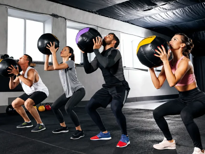 Grupo haciendo entrenamiento funcional en gimnasio