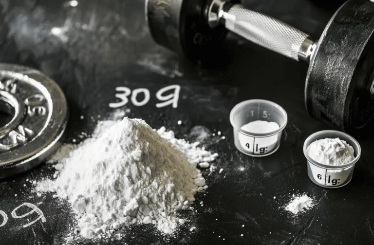 Creatina en polvo junto a una pesa